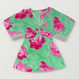 Lilly Pulitzer Womens Top Green Pink Floral Tie Tunic Flare Retro Preppy Size XS